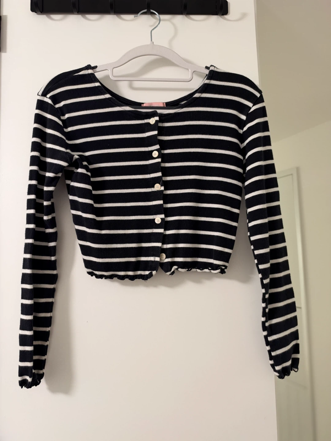 Black and white striped button-up cardigan