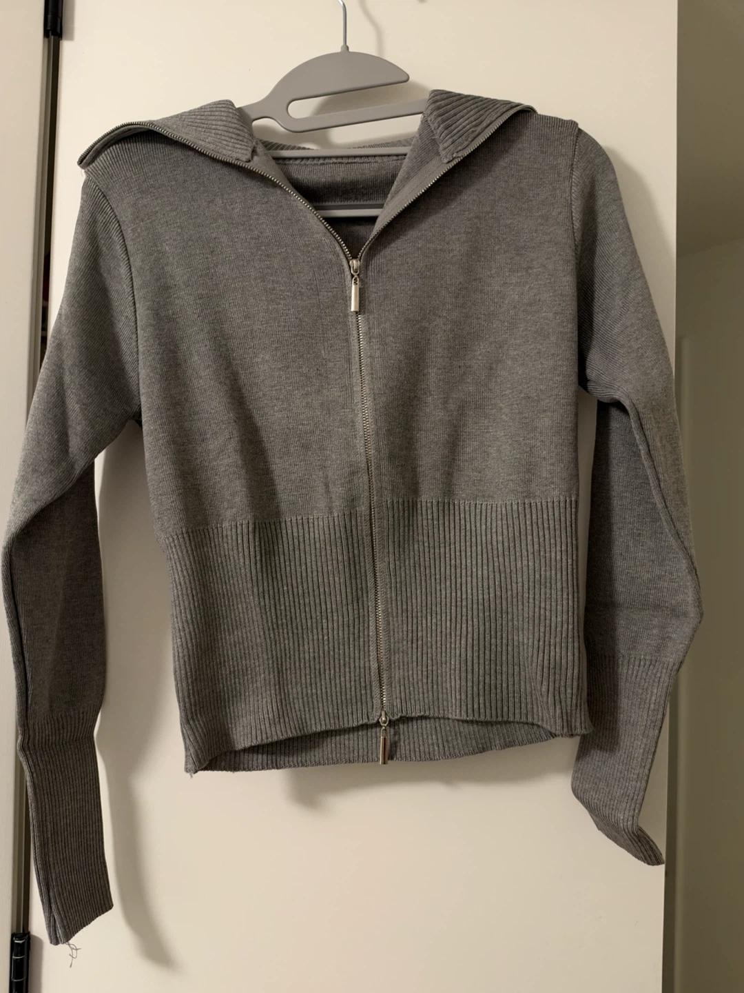 Grey Zip-Up Knit Hoodie