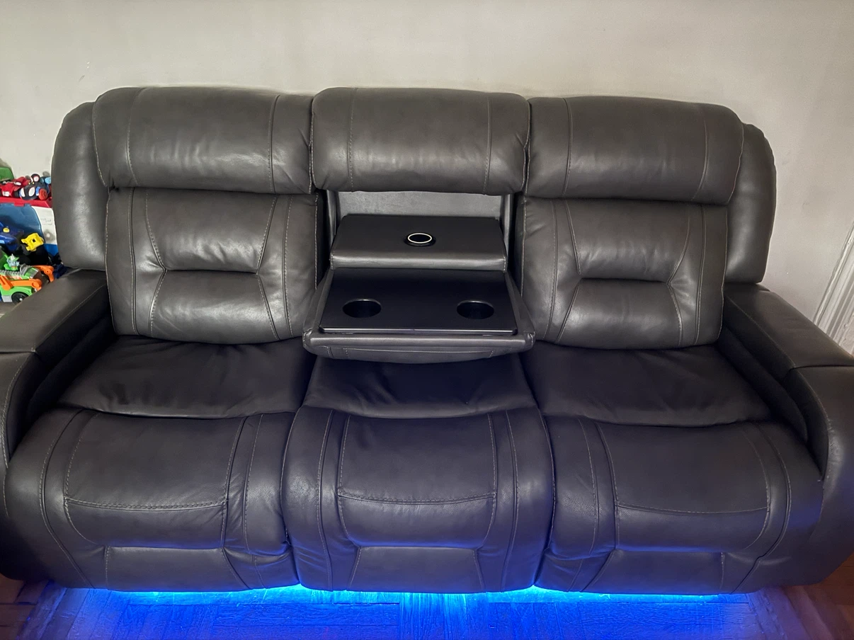 Dark Grey Leather Reclining Sofa with LED Lighting