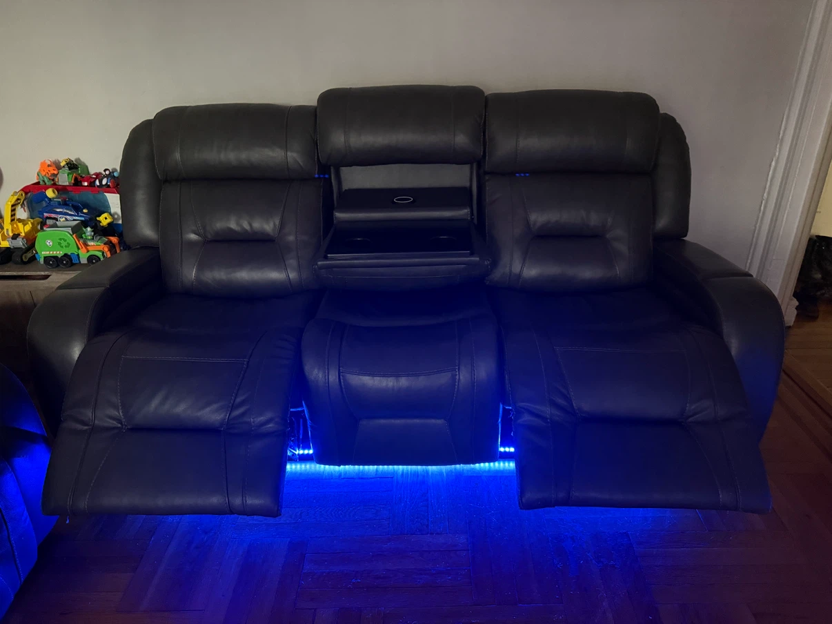 Dark Grey Leather Reclining Sofa with LED Lighting - photo 2