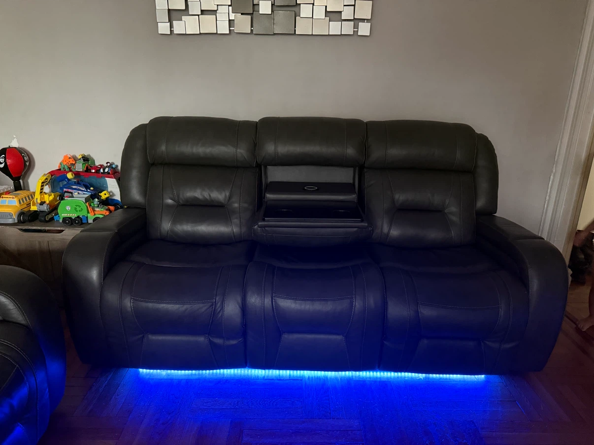 Dark Grey Leather Reclining Sofa with LED Lighting - photo 3