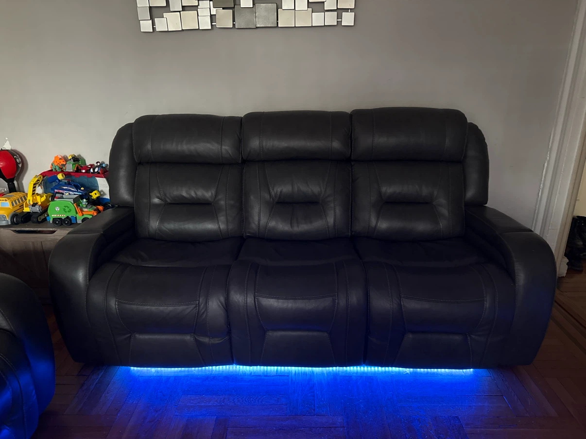Dark Grey Leather Reclining Sofa with LED Lighting - photo 4