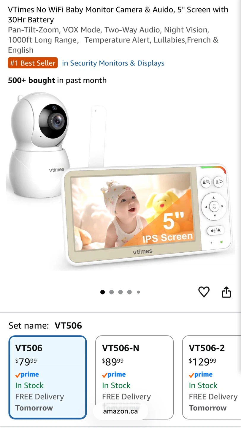 VTimes Baby Monitor Camera & Audio, 5" Screen with 30Hr Battery - photo 3