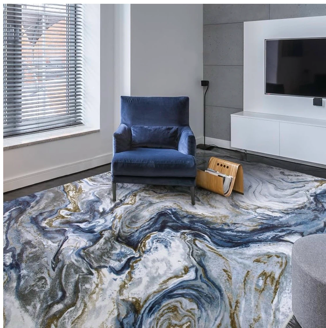 Blue and Cream Marble Design Area Rug 6x9ft
