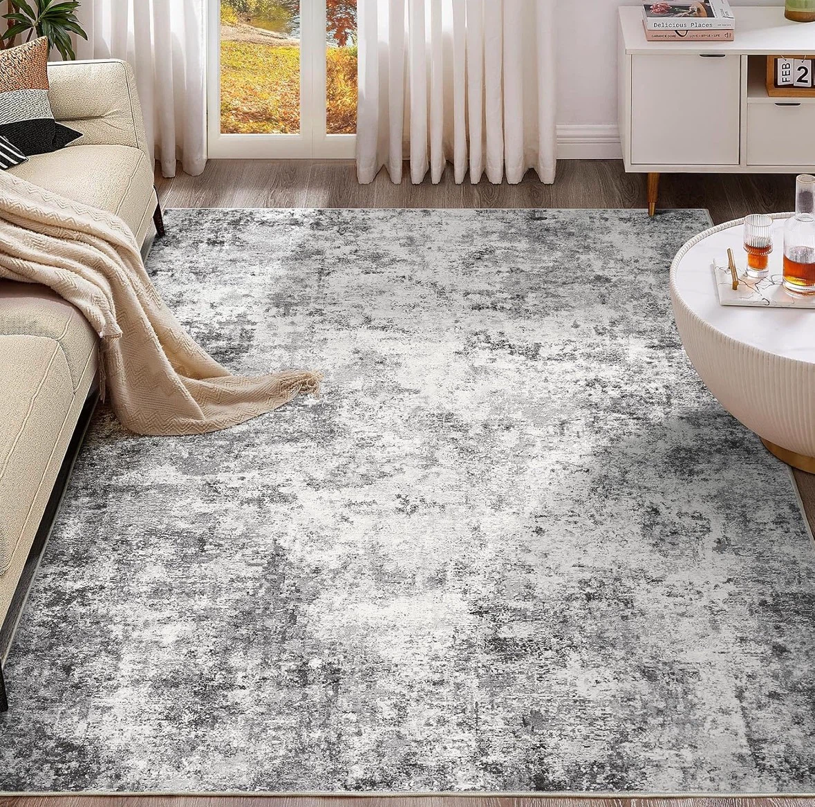 Large Grey and White Distressed Area Rug 9x12 ft