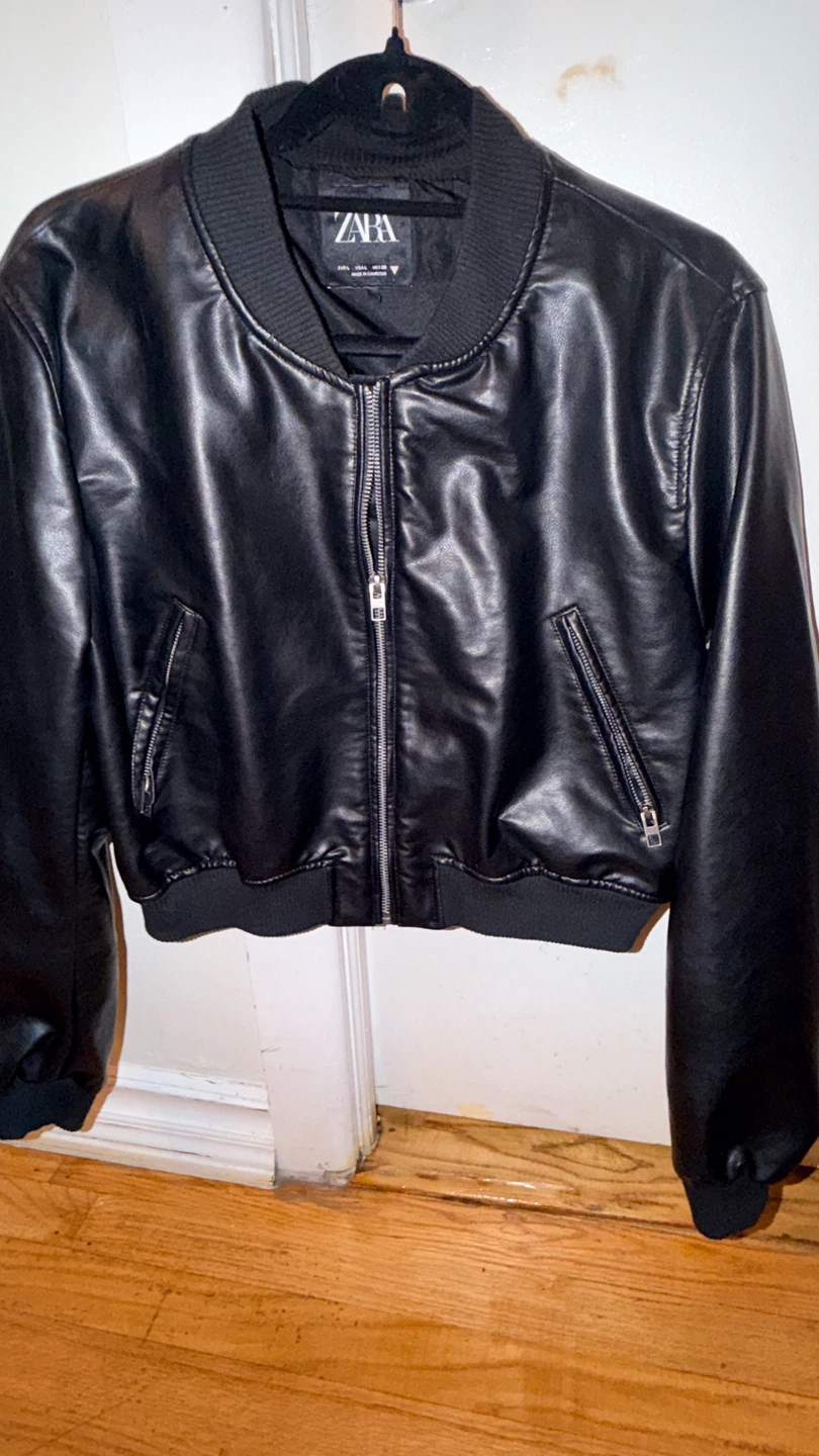 Zara Black Faux Leather Bomber Jacket