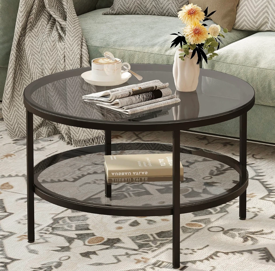 Round Glass Coffee Table with Shelf - photo 2