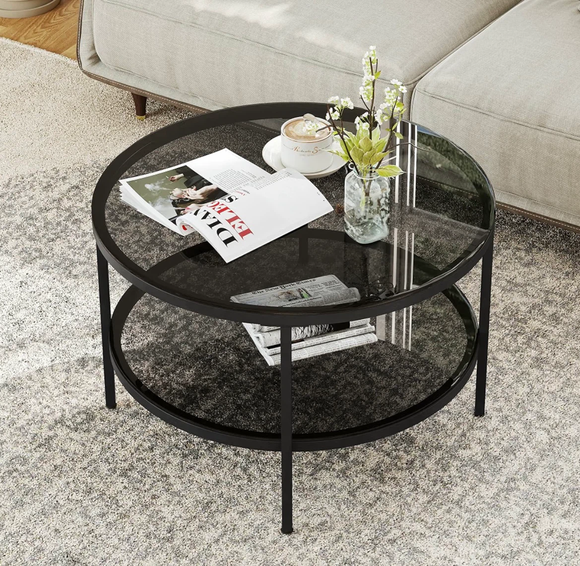 Round Glass Coffee Table with Shelf - photo 5