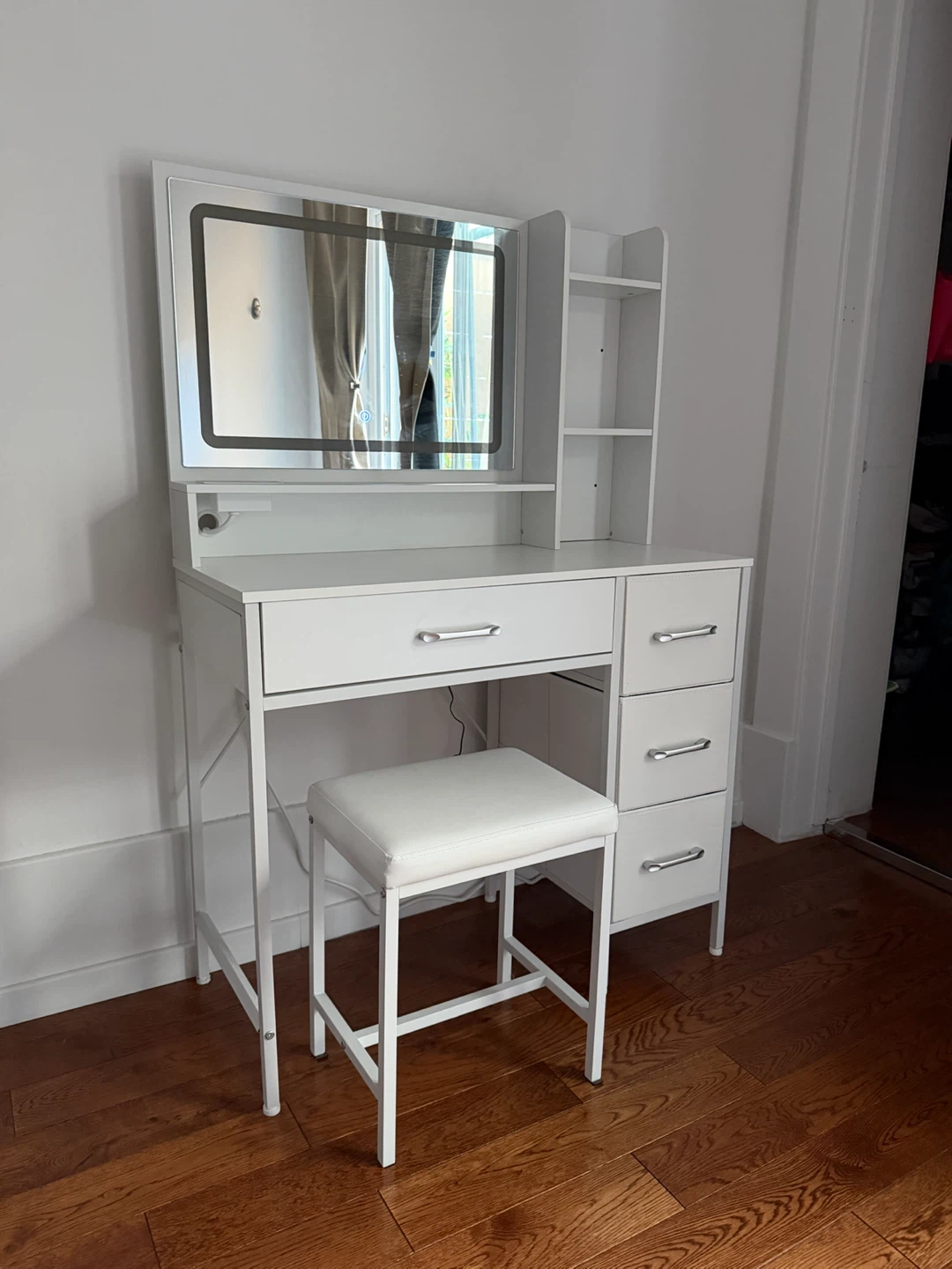 White Vanity Table with LED Mirror and Stool