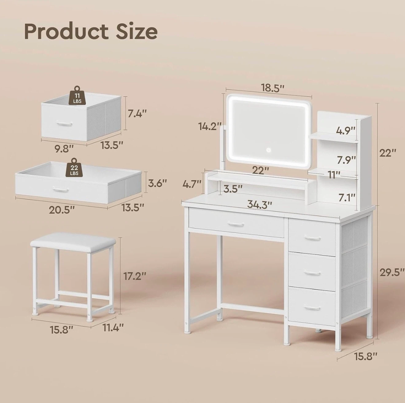 White Vanity Table with LED Mirror and Stool - photo 4