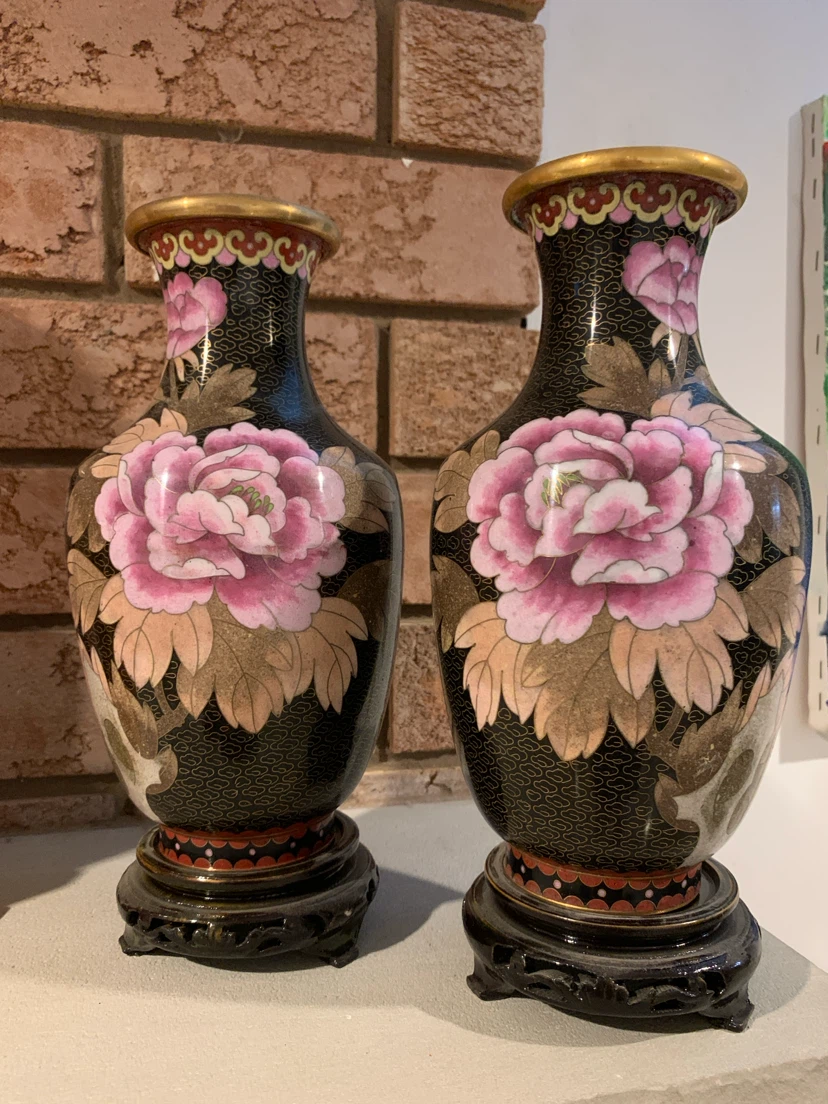 Pair of Vintage Cloisonné Vases w/ Stands