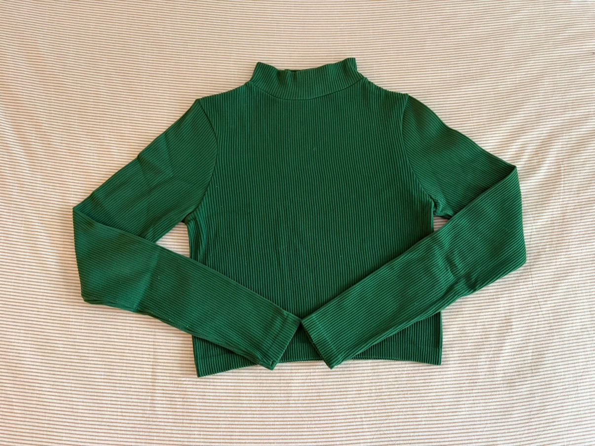 Green Ribbed Mock Neck Long Sleeve Top