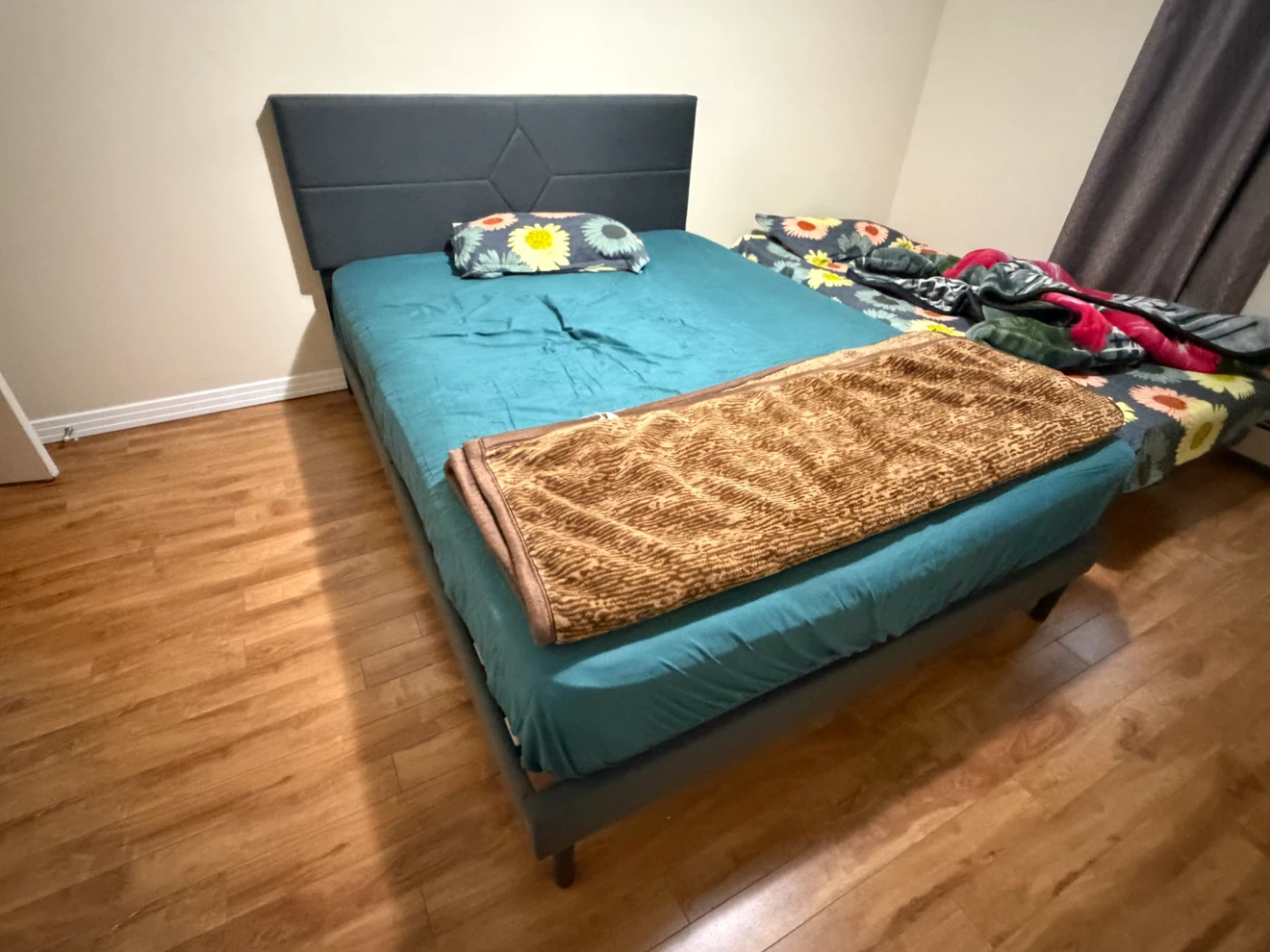 Queen Sized Bed with Modern Grey Upholstered Bed Frame