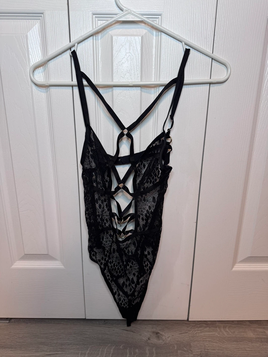 Victoria's Secret Black Lace Strappy Harness Teddy Bodysuit