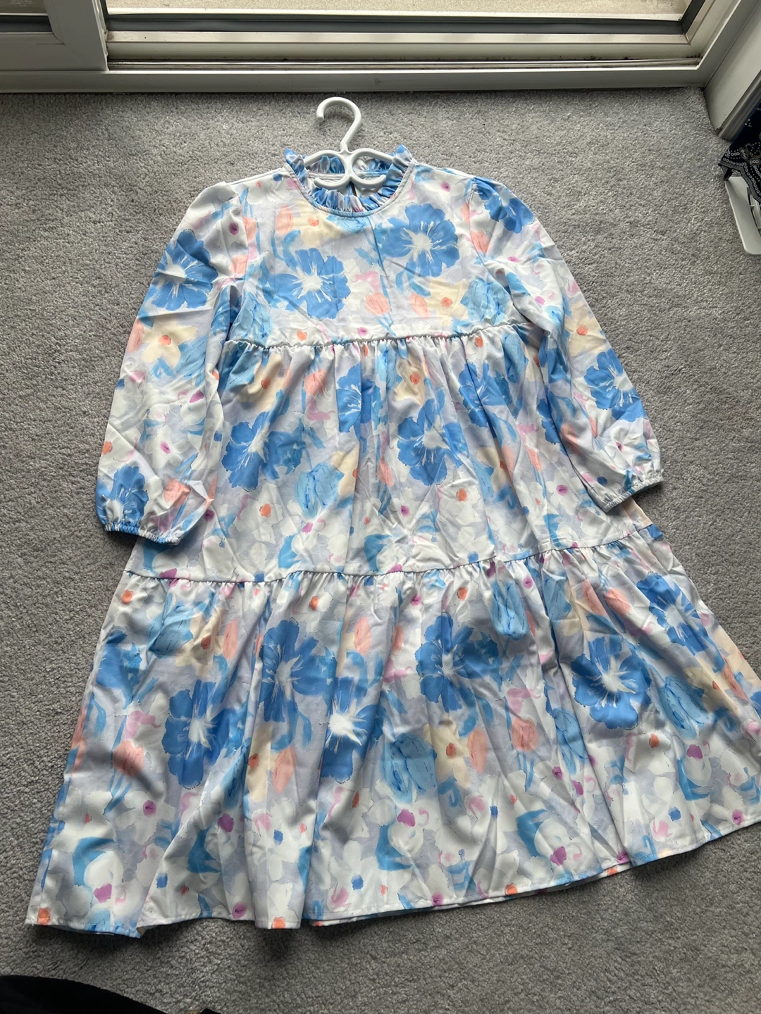 Blue Floral Long-Sleeve Tiered Dress