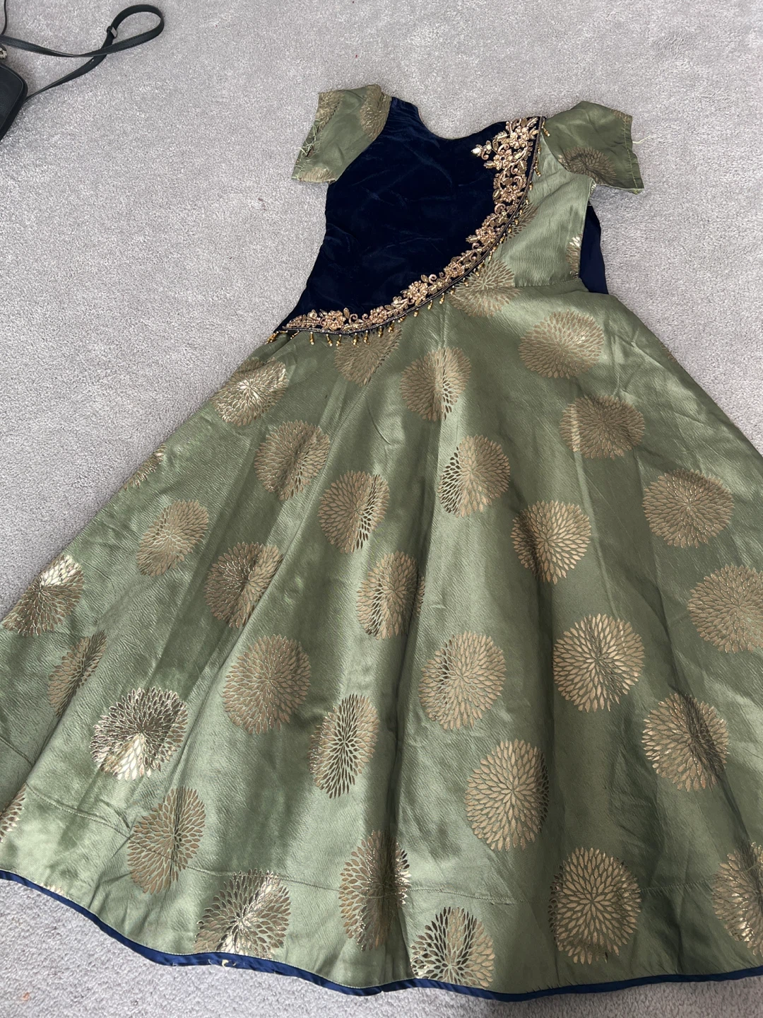 Girls Olive Green & Navy Ethnic Dress – Ages 9–12