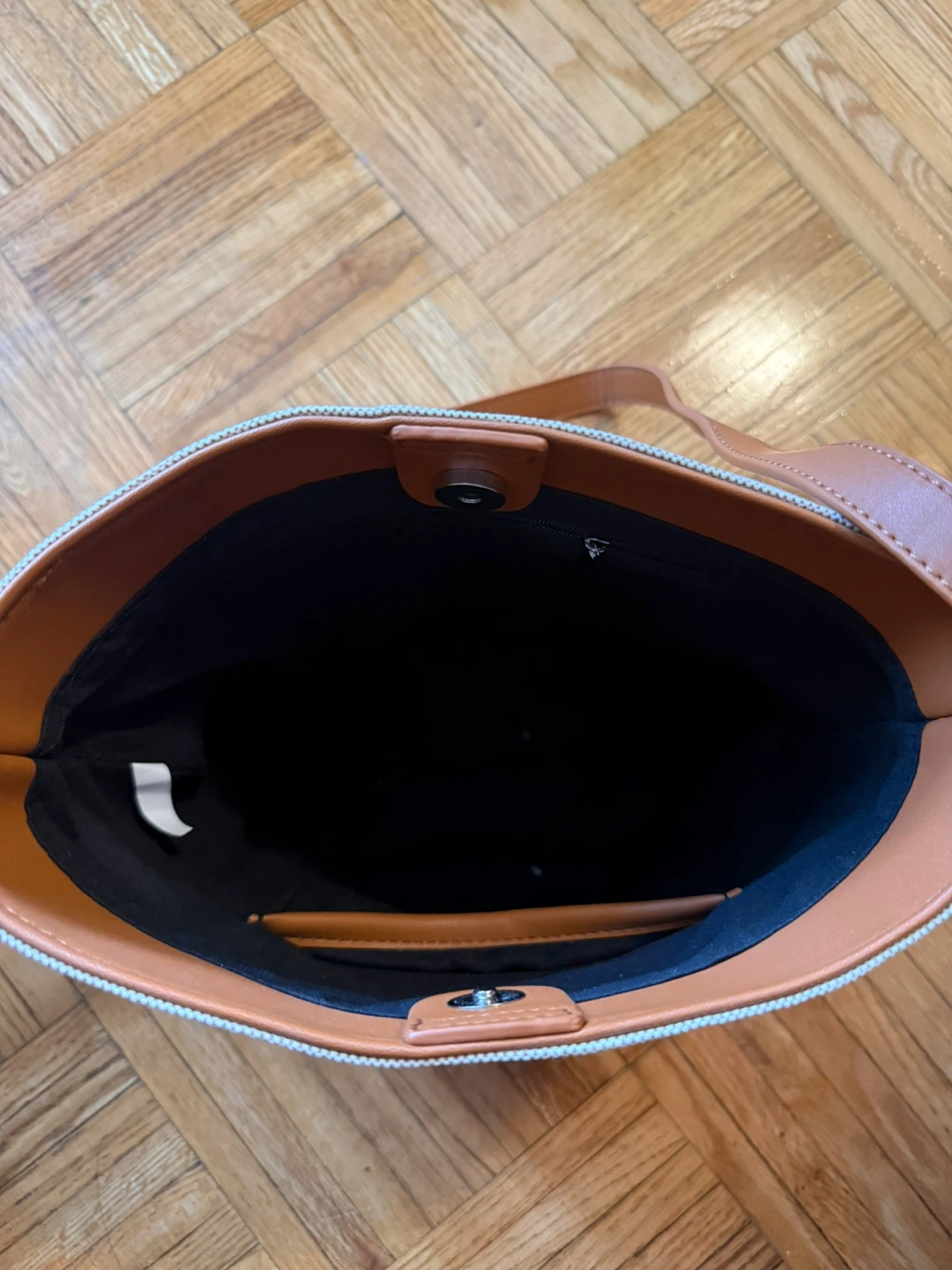 Canvas and Tan Leather Bucket Bag