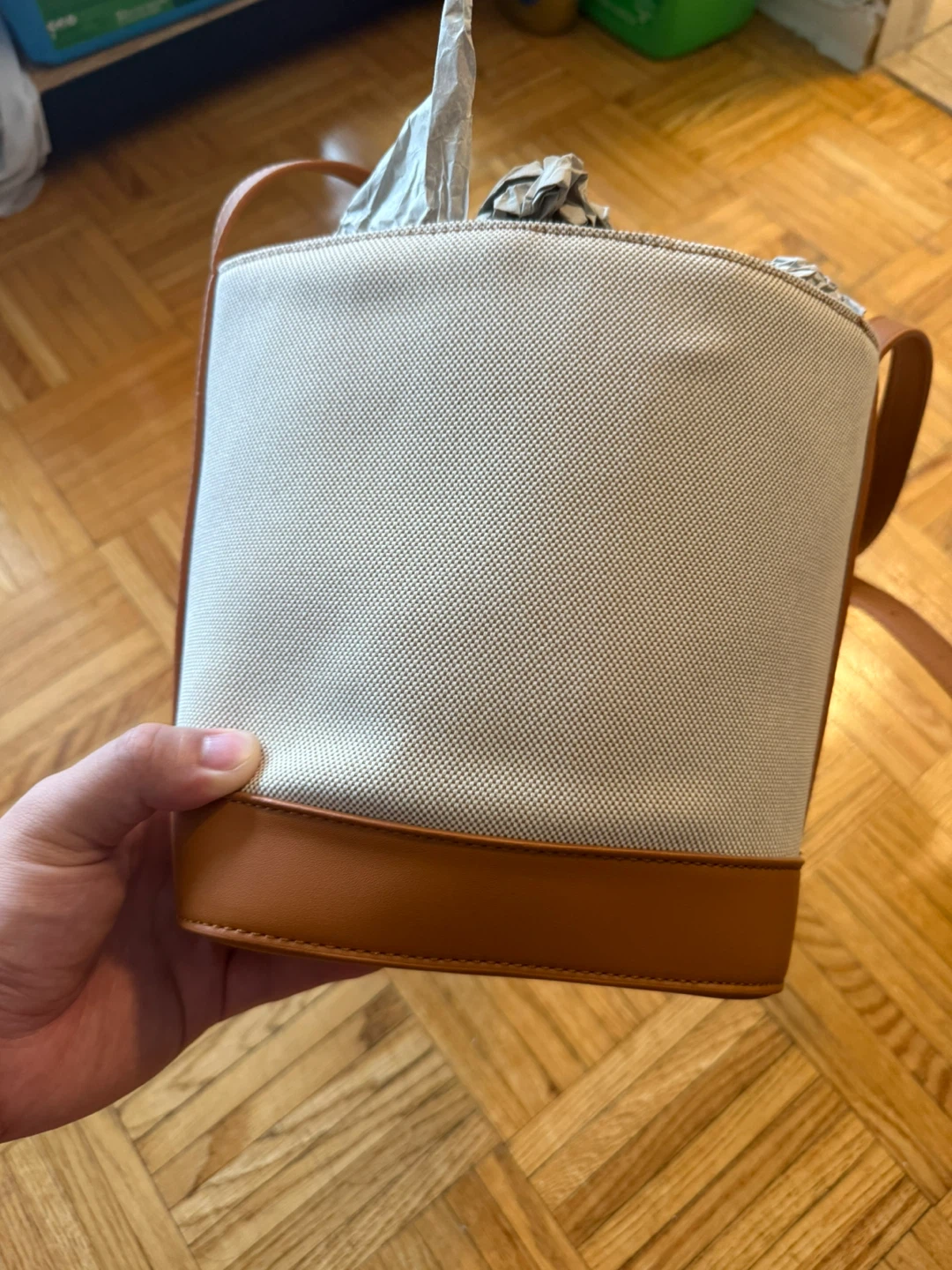 Canvas and Tan Leather Bucket Bag - photo 3
