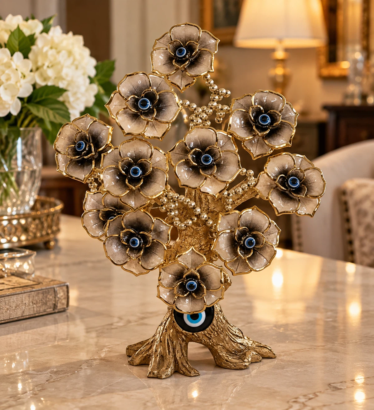 Decorative Gold-Tone Flower and Evil Eye Tree Statue