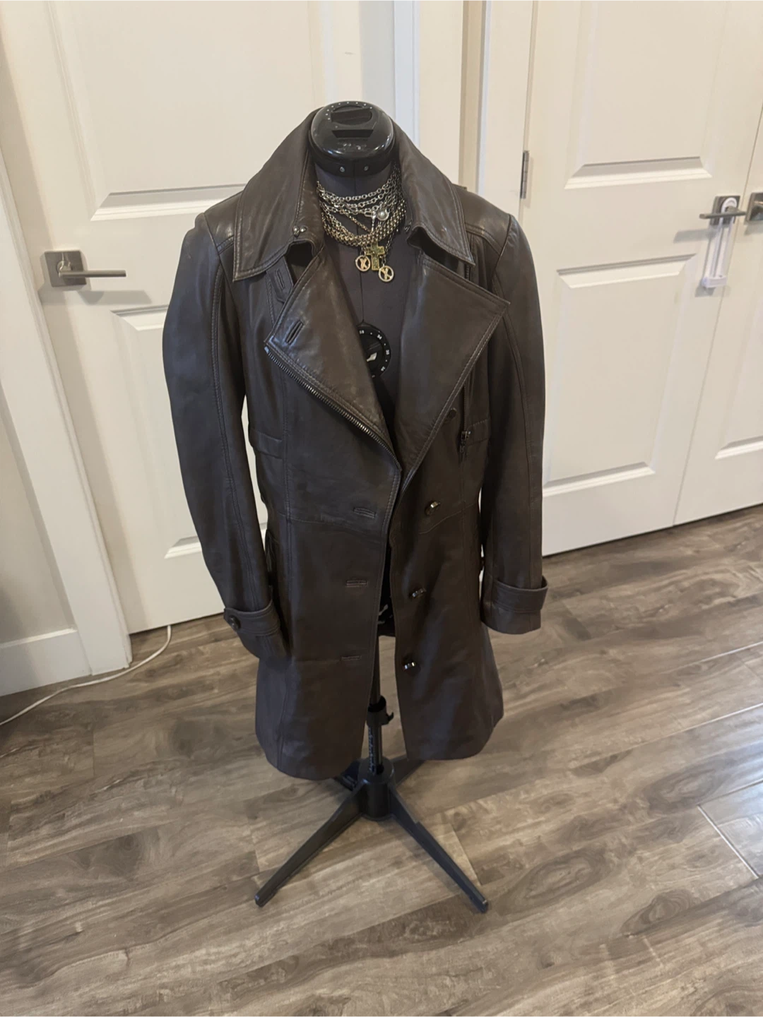 Bod & christensen Brown Leather Double-Breasted Trench Coat