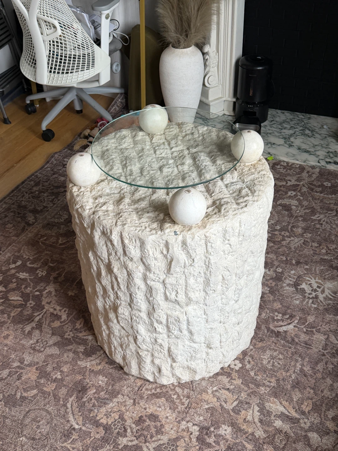 Stone Cylinder Accent Table with Glass Top