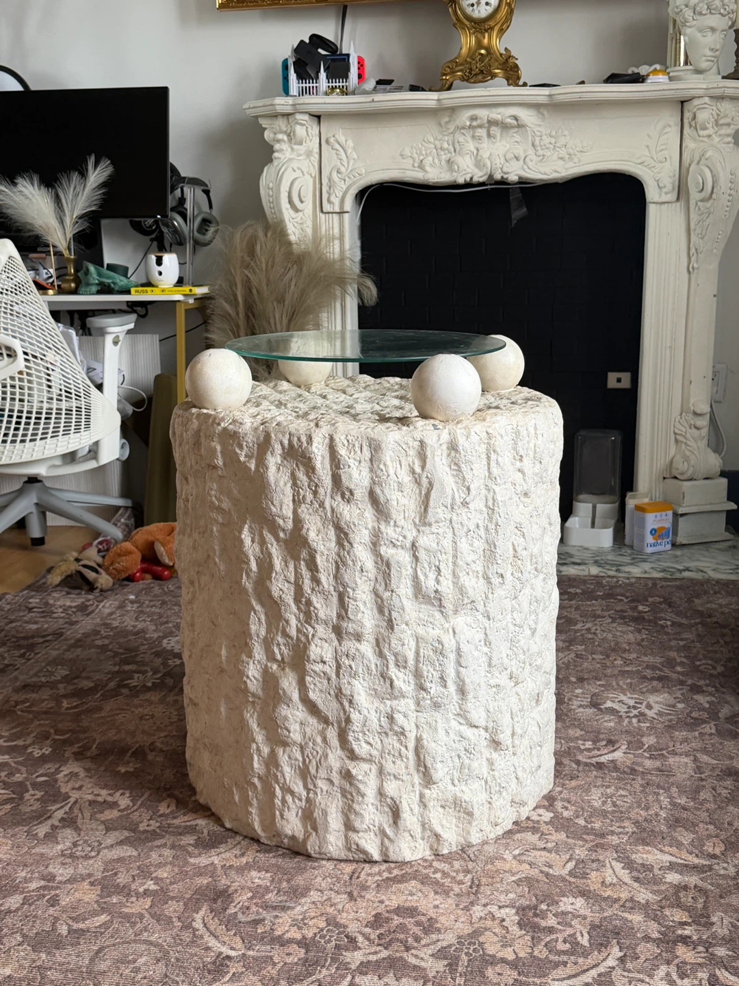 Stone Cylinder Accent Table with Glass Top - photo 2