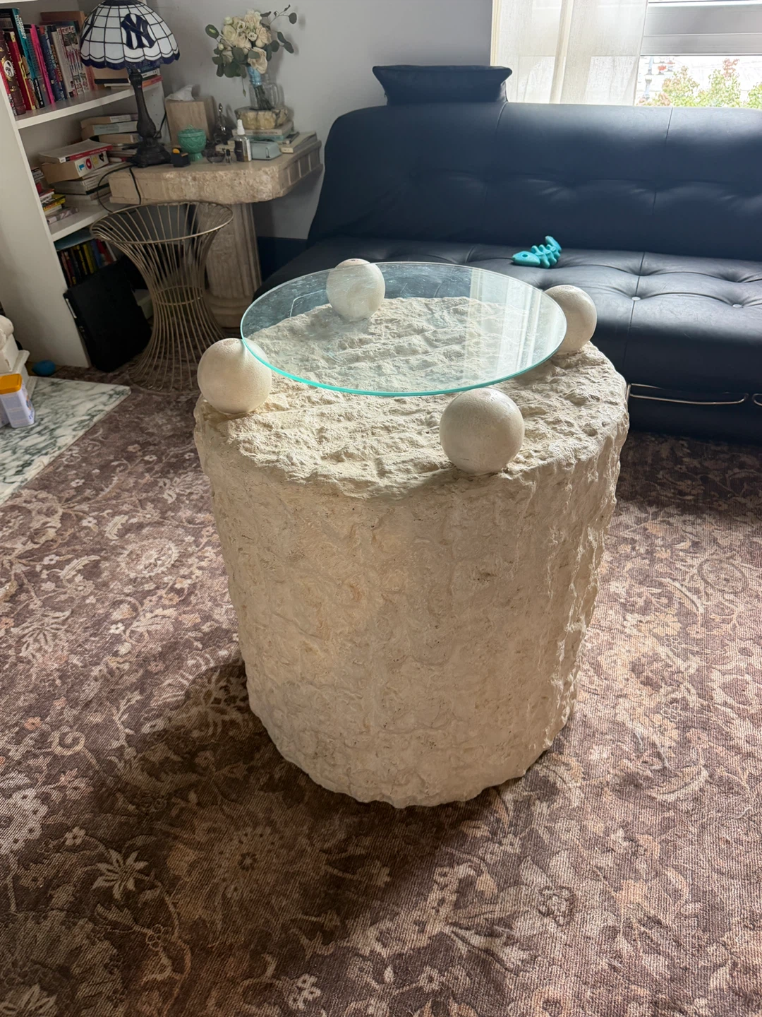 Stone Cylinder Accent Table with Glass Top - photo 4