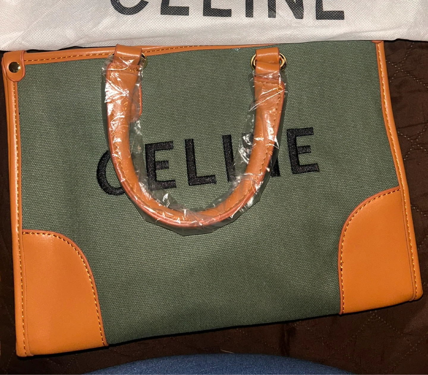 Green Canvas and Leather Tote Bag