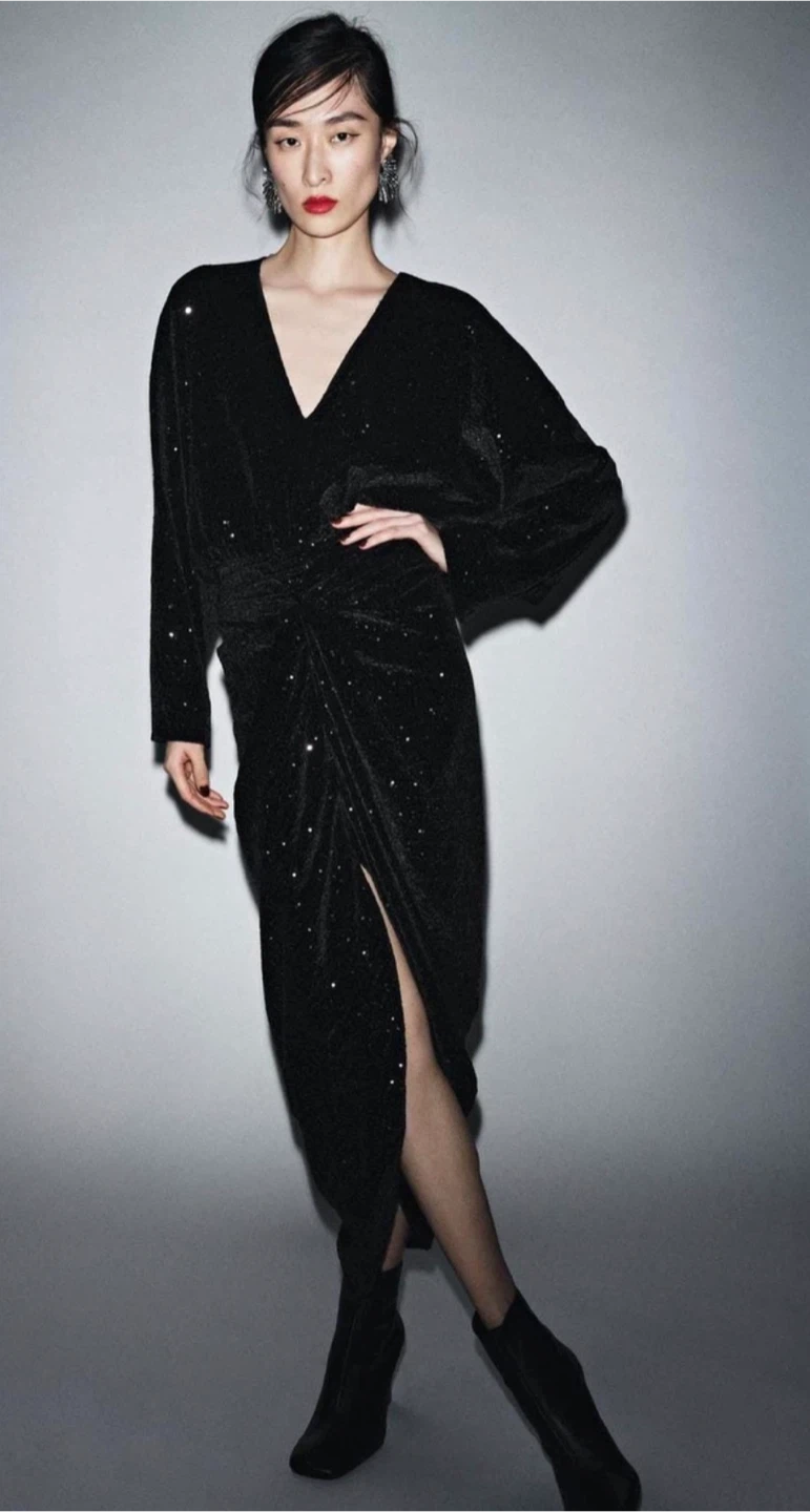 Zara ZW Collection Black Sequin Shoulder Pad Maxi Dress S