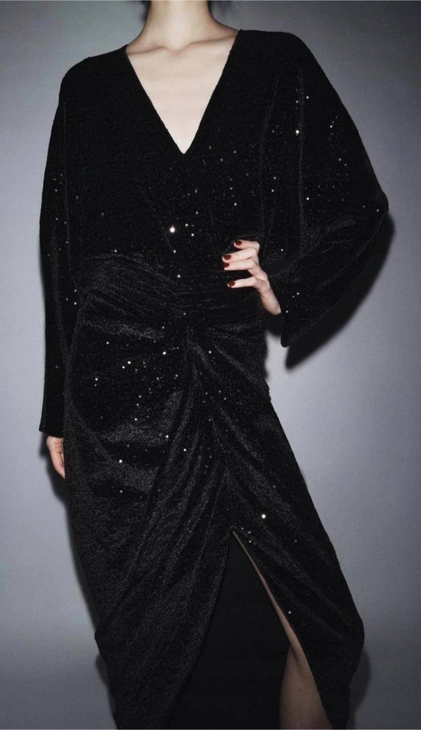Zara ZW Collection Black Sequin Shoulder Pad Maxi Dress S - photo 2
