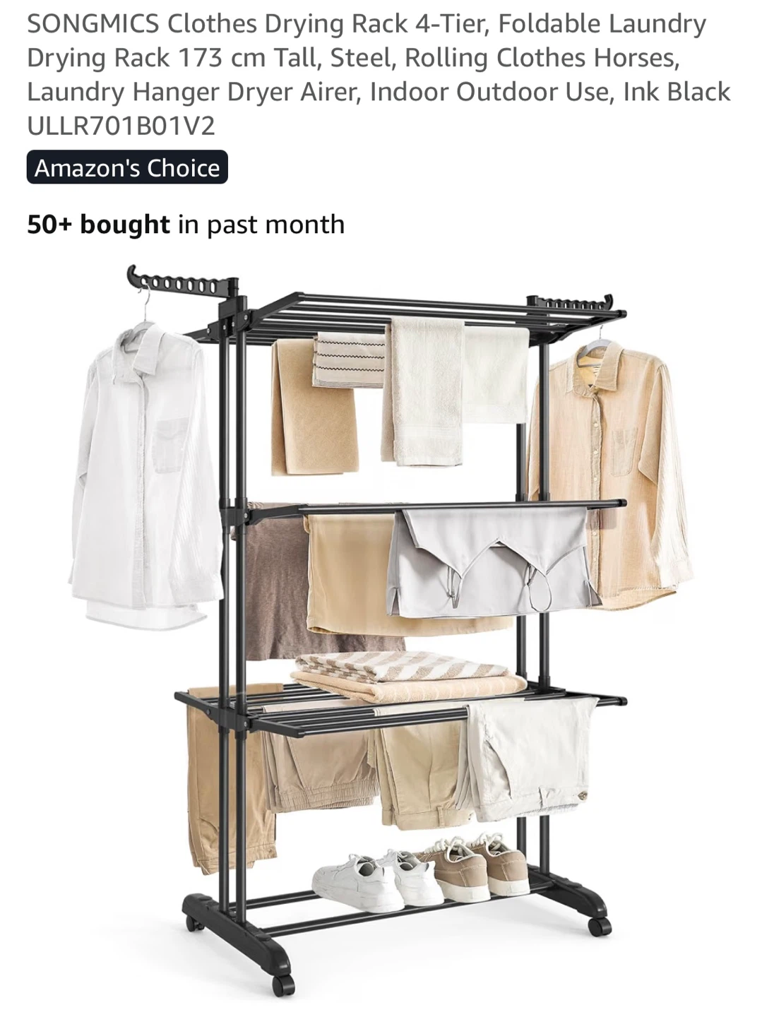 SONGMICS 4-Tier Foldable Clothes Drying Rack - Ink Black