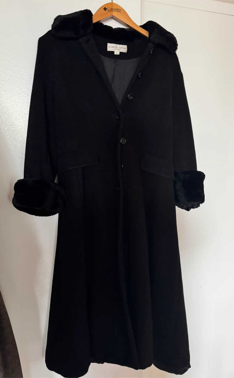 Vintage black faux fur long coat L