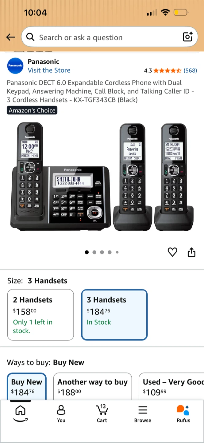 BNIB Panasonic DECT 6.0 Cordless Phone System with 3 Handsets