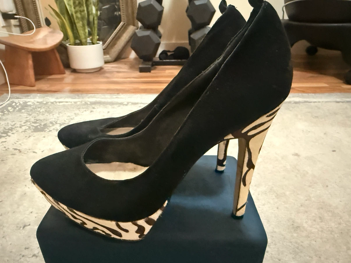 Black Suede Platform Heels with Animal Print