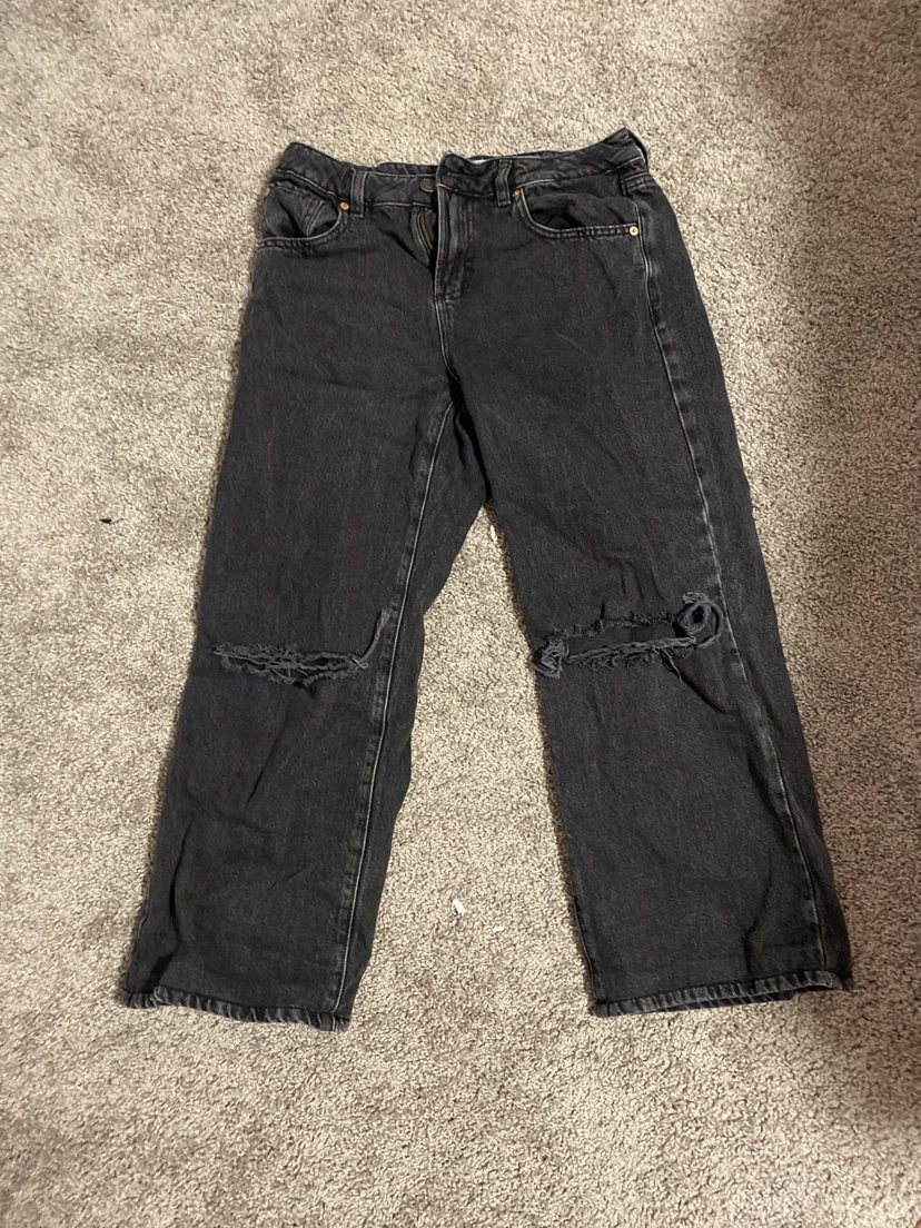 Black Distressed Wide-Leg Jeans