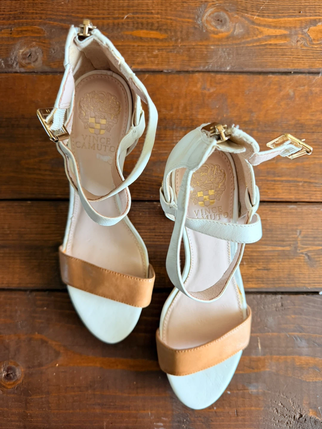 Vince Camuto White and Tan Heeled Sandals