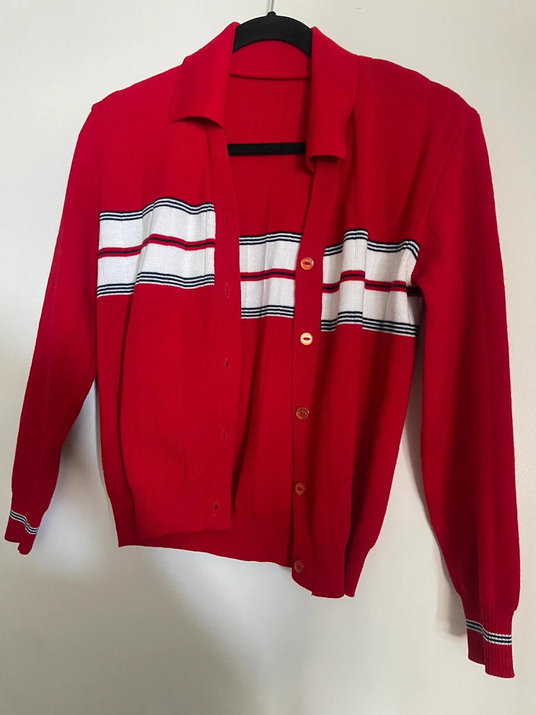 Red button-up cardigan