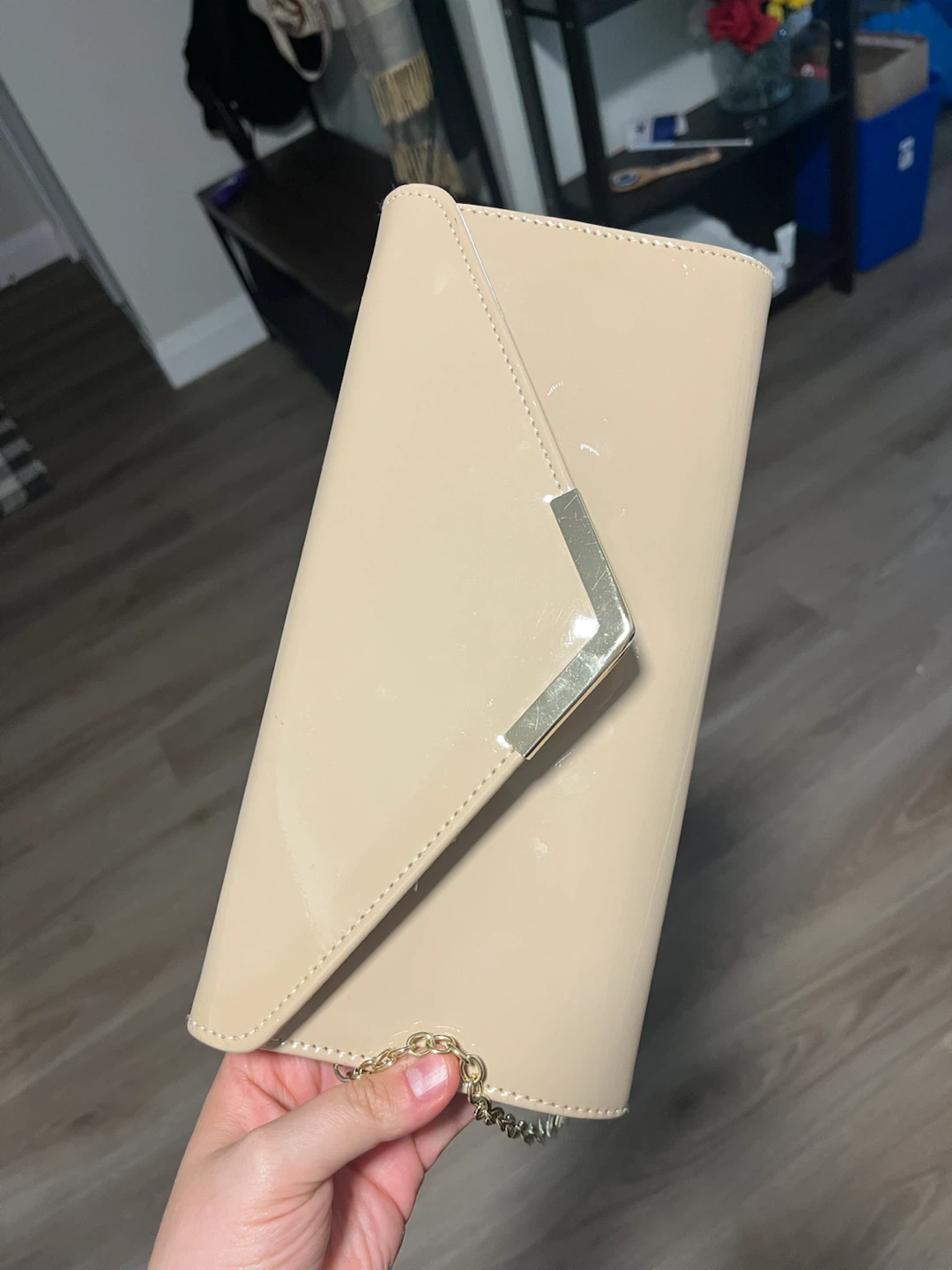 Beige Patent Clutch Bag with Gold Chain