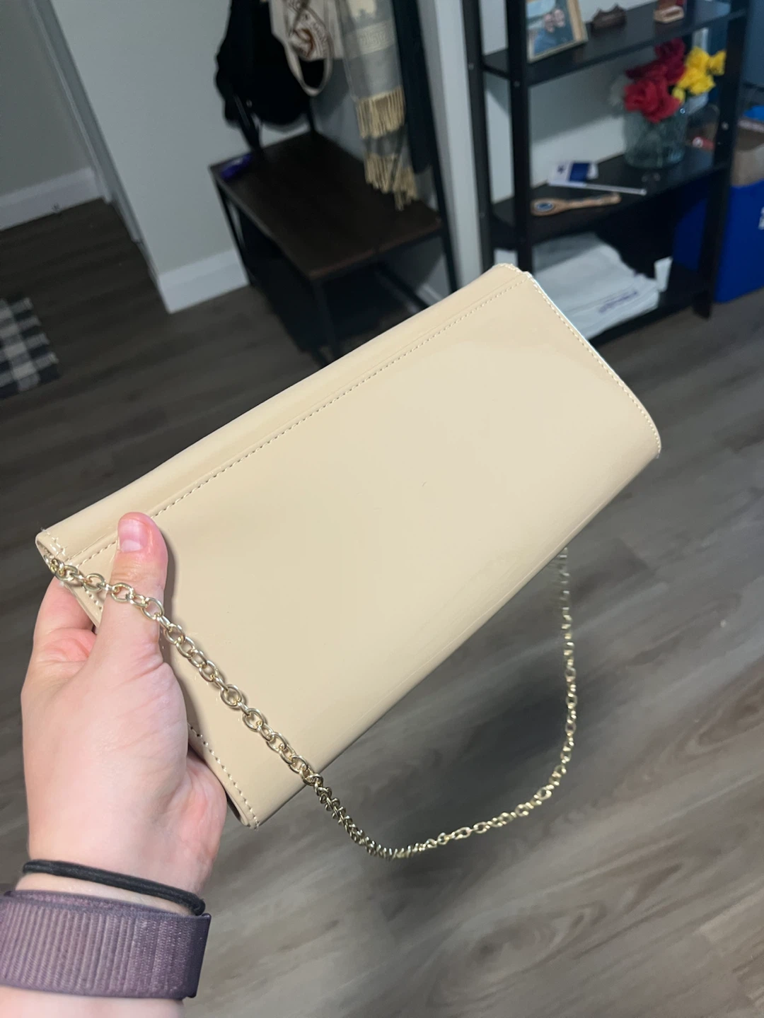 Beige Patent Clutch Bag with Gold Chain - photo 2