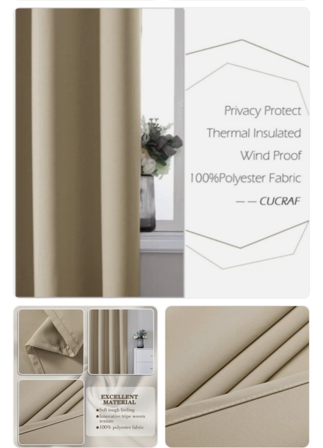 CUCRAF Rod Pocket 2 Curtains 52x72in Beige New - photo 2