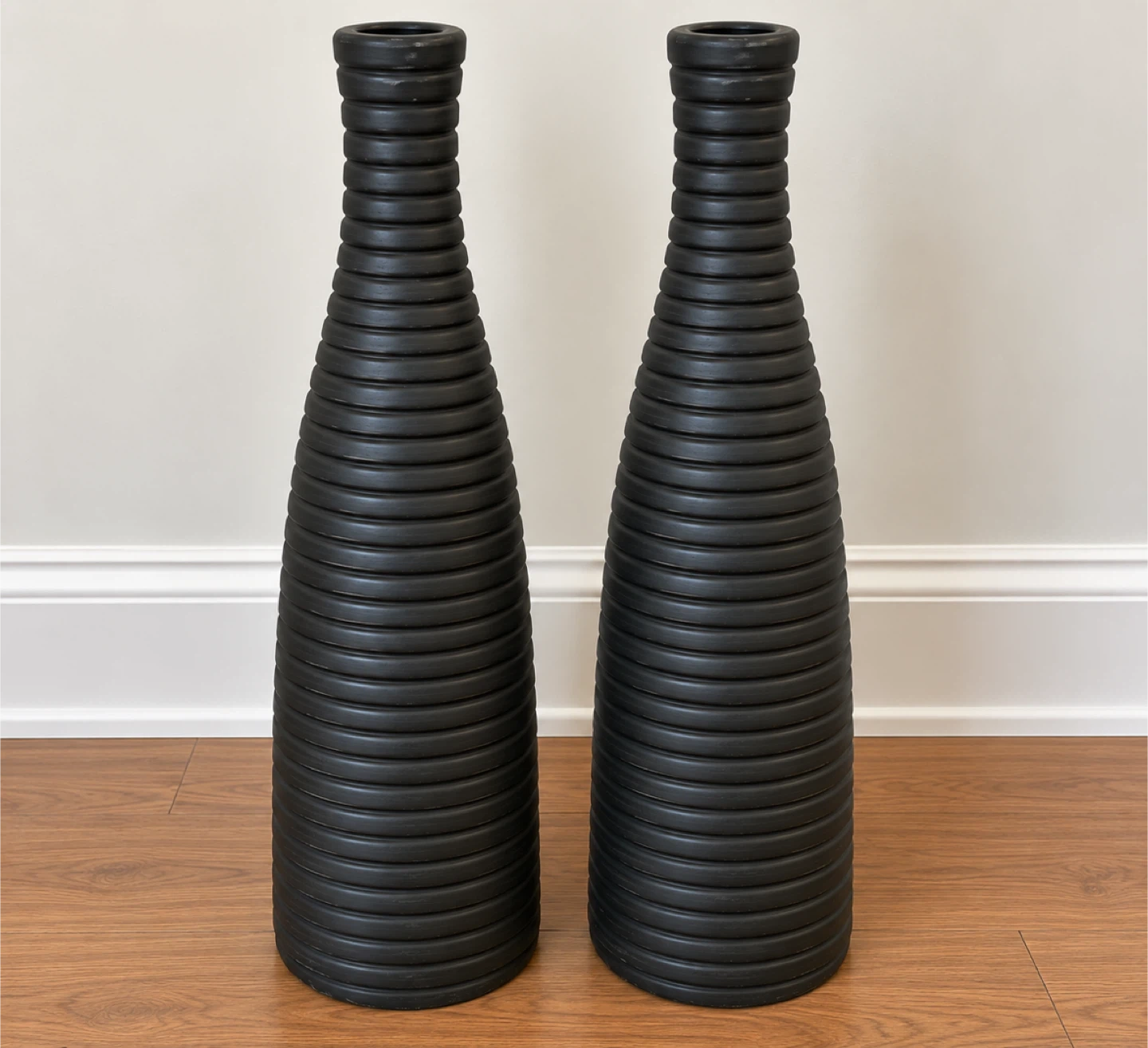 Set of Two Tall Black Ribbed Vases - photo 2