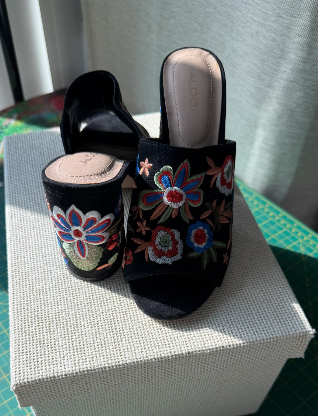 ALDO Embroidered Floral Block Heel Mules