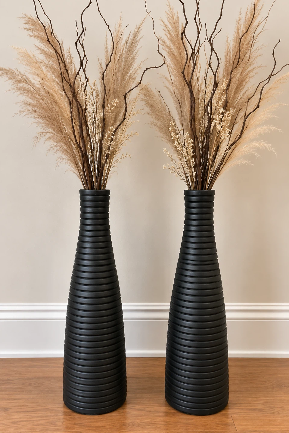 Set of Two Tall Black Ribbed Vases