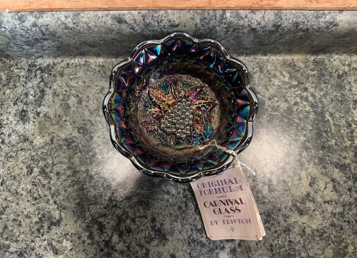 Fenton Carnival Glass Grape and Cable Bowl