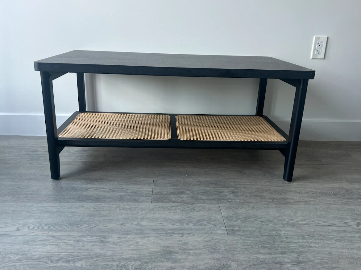 Black Coffee Table with Rattan Shelf