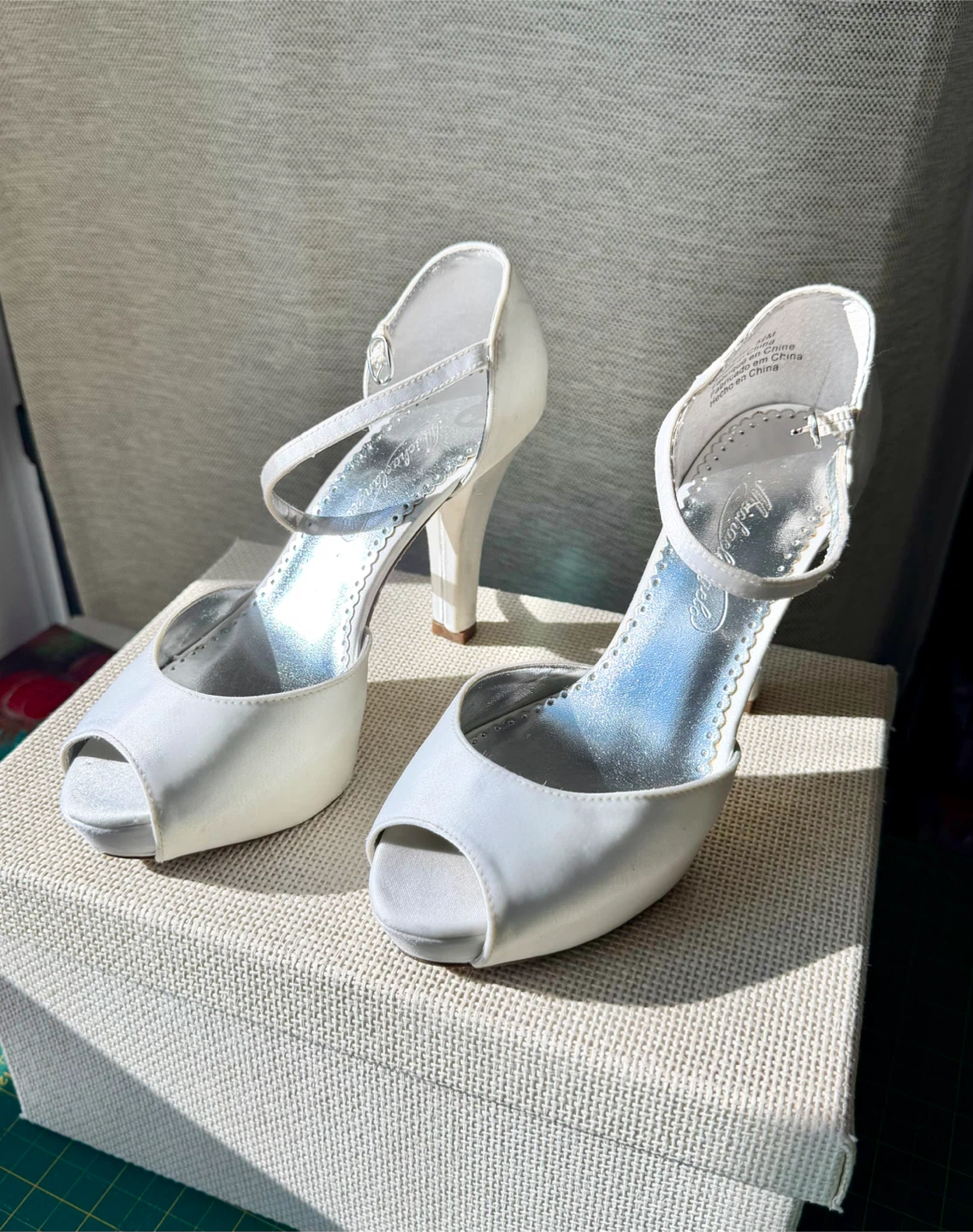 Marah White Satin Peep-Toe Heels - Size 5.5