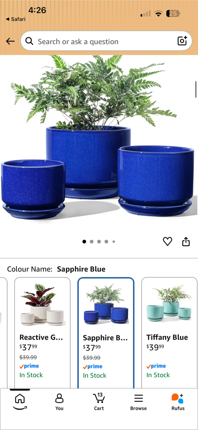 New-Set of 3 Sapphire Blue Ceramic Planters