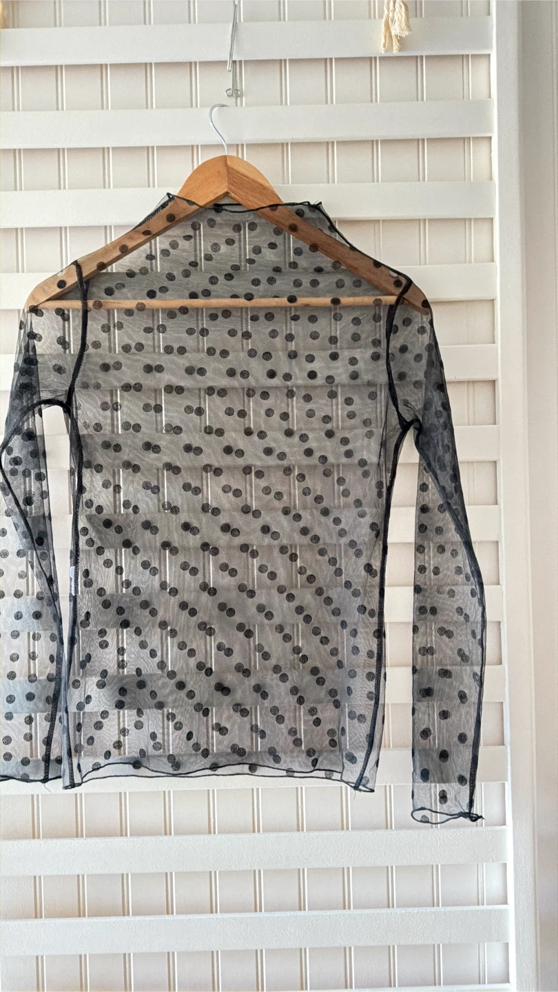 Black Polka Dot Mesh Long Sleeve Top