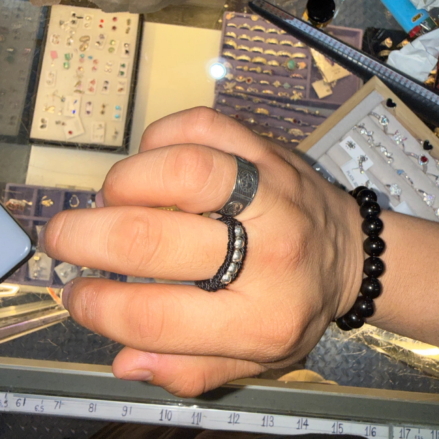 Woven black ring with silver beads - photo 2