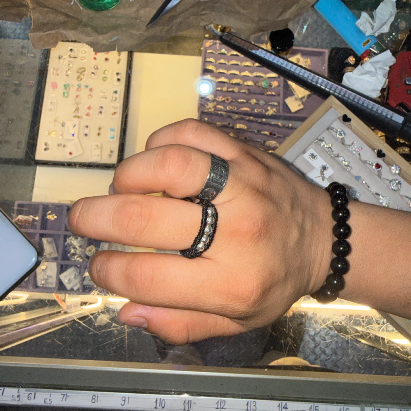 Woven black ring with silver beads - photo 3